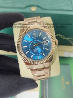 rolex sky dweller blue dial rose gold replica