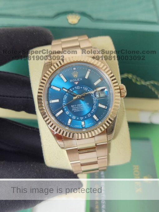 rolex sky dweller blue dial rose gold replica